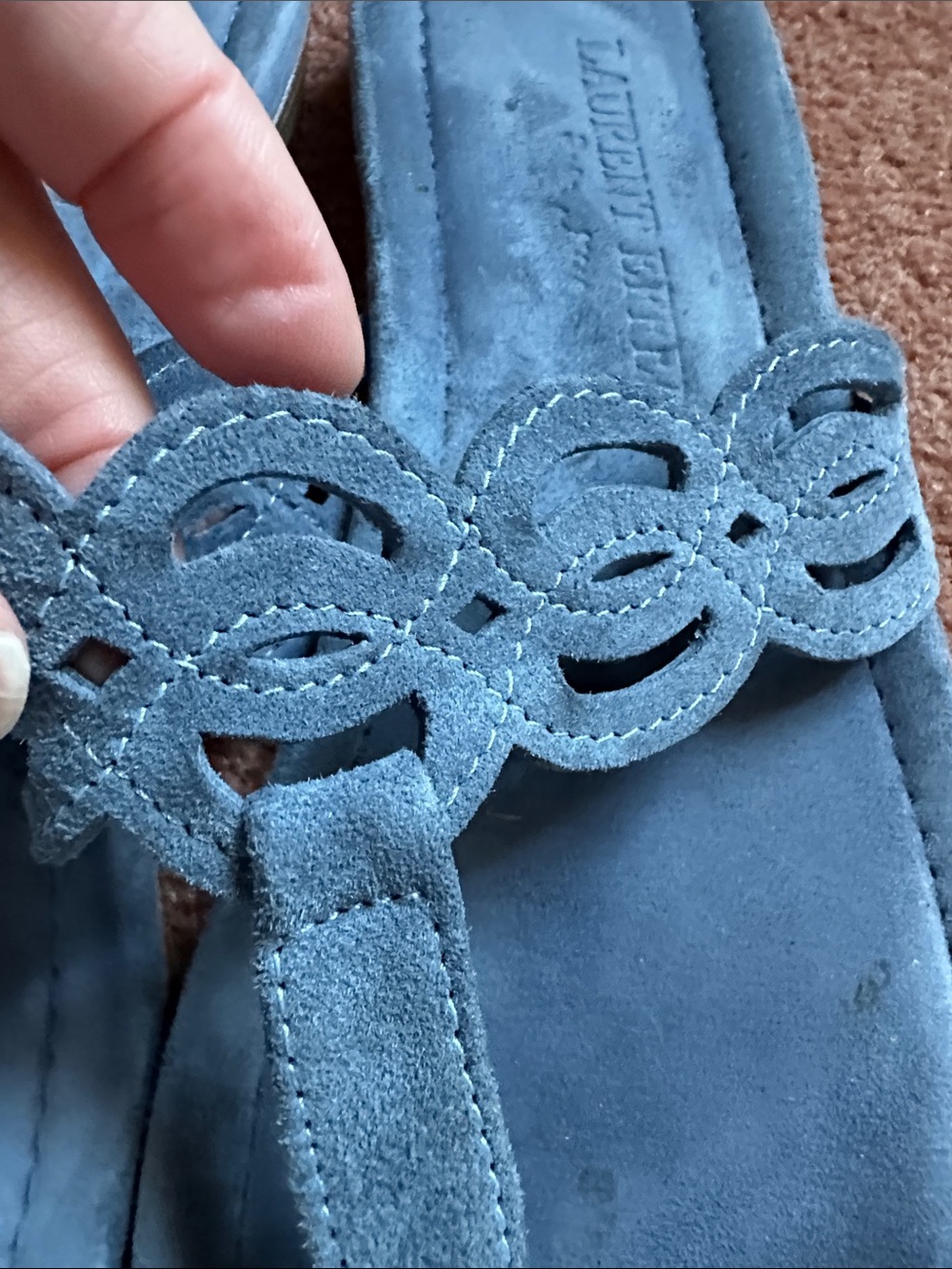Laurent Effel Blue Suede Thong Sandals, Cutout Strap Slip On - Picture 5 of 13